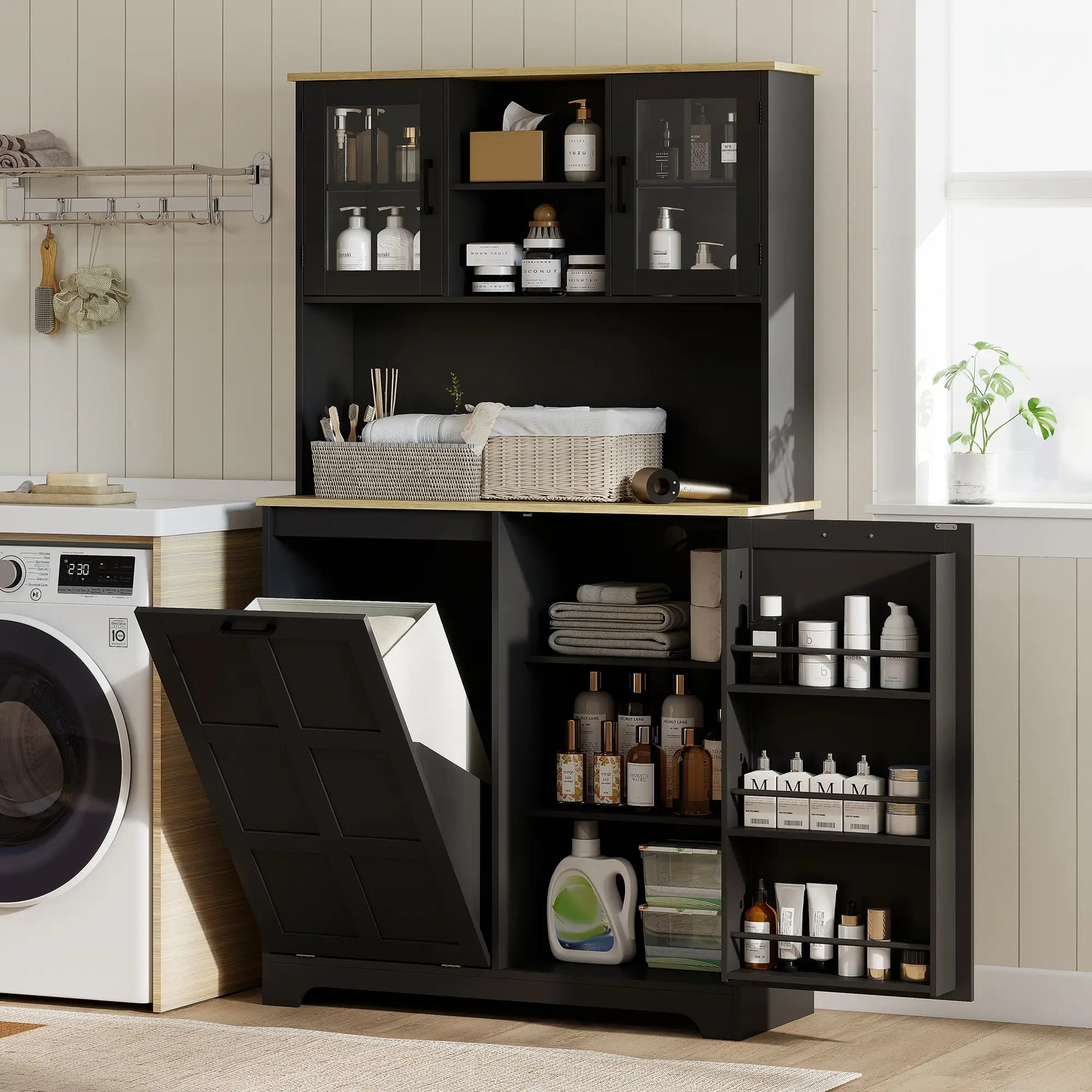 Kitchen Pantry Cabinet, 7 Gallon Trash Can, Adjustable Shelves, Acrylic Doors, Black Kitchen Pantry Cabinets at Gallery Canada