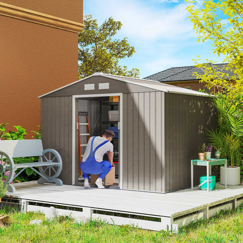 9.1'x6.4'x6.3' Garden Storage Shed, Foundation Kit, Metal Tool House, Double Doors, Light Brown