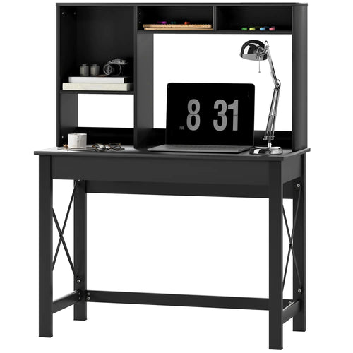 Computer Desk with Hutch, Home Office Table with Storage Shelves, Black