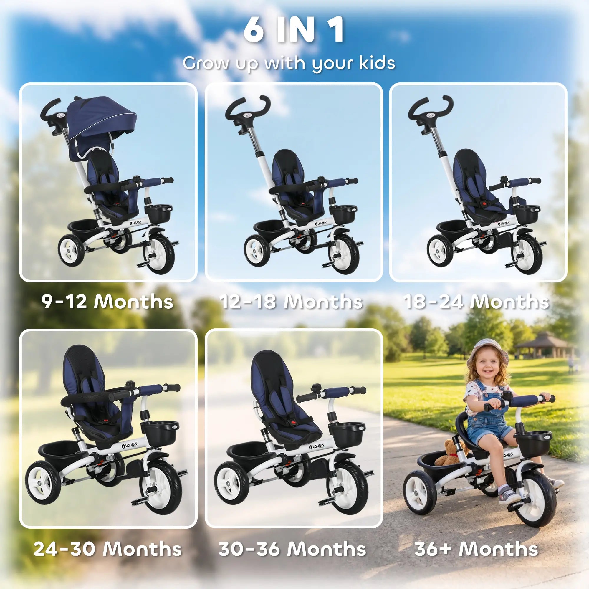 6 in 1 Toddler Tricycle, Parent Push Handle, Canopy, Storage Baskets, Dark Blue Tricycles for Kids at Gallery Canada