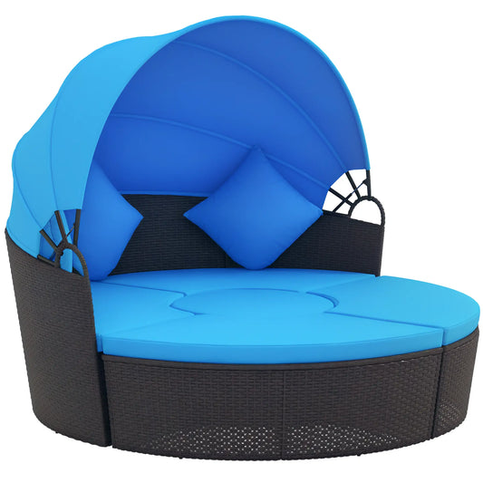 4-Piece Round Sofa Bed, Outdoor Daybed, Retractable Canopy, PE Rattan Daybeds Black Rattan, Blue Cushion at Gallery Canada