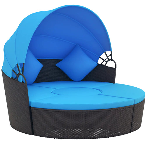 4-Piece Round Sofa Bed, Outdoor Daybed, Retractable Canopy, PE Rattan