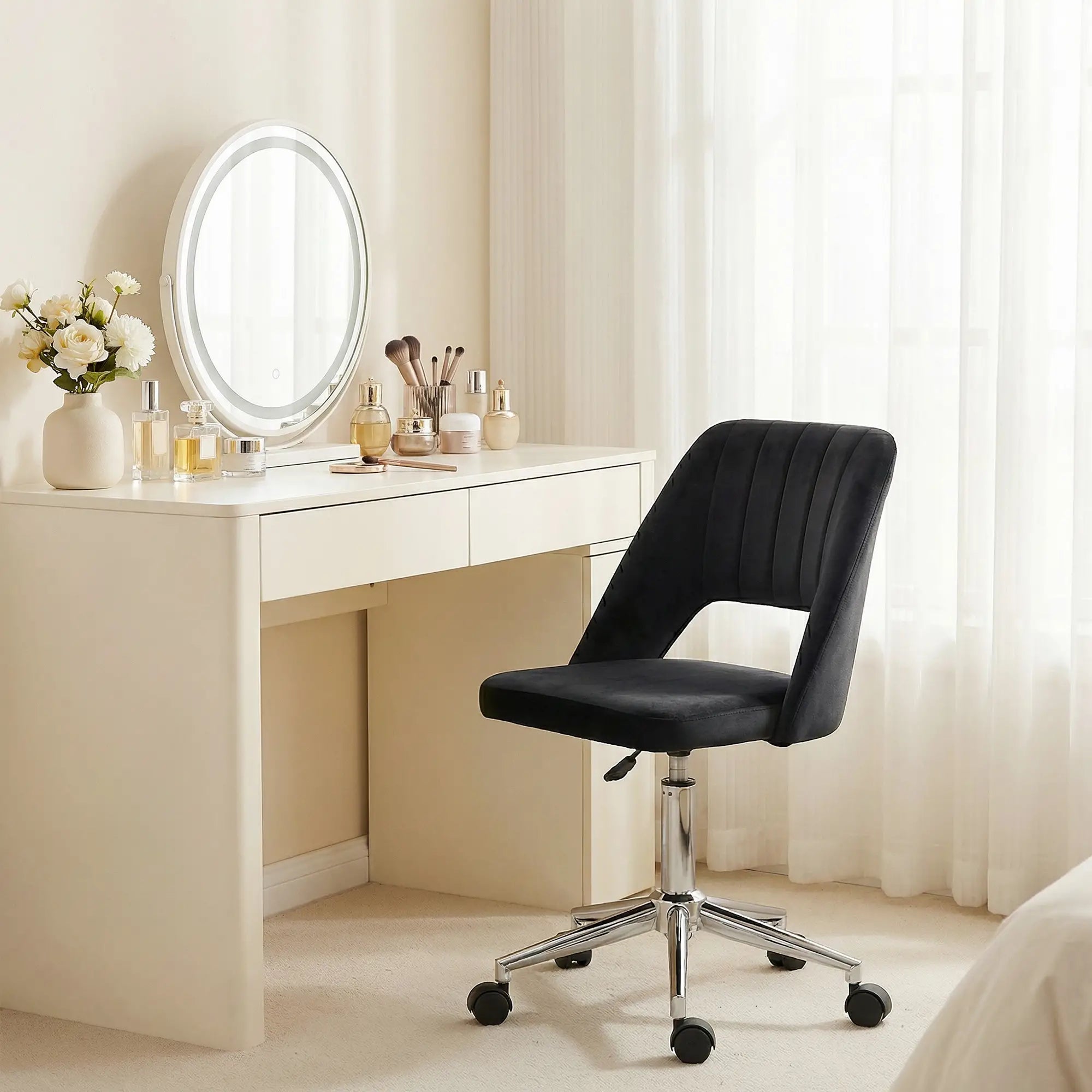 Mid Back Office Chair, Velvet Fabric, Swivel, Scallop Shape, Black Office Chairs at Gallery Canada