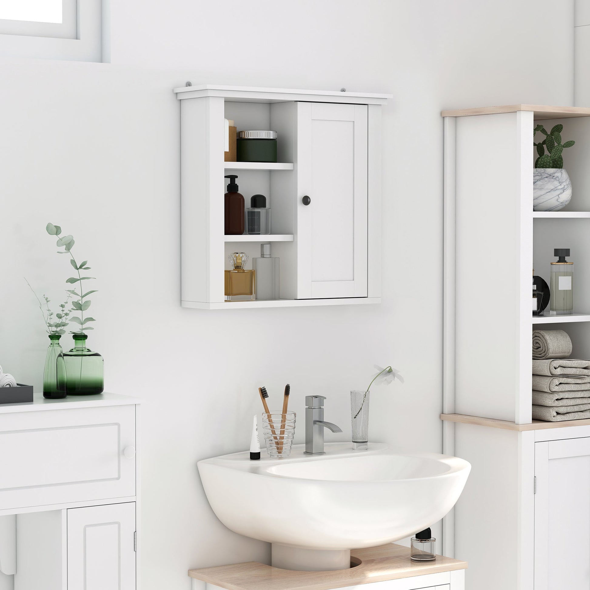 Bathroom Wall Cabinet, Wall Mounted Medicine Cabinet with 3 Open Shelves and Storage Cupboard for Laundry Room, White at Gallery Canada
