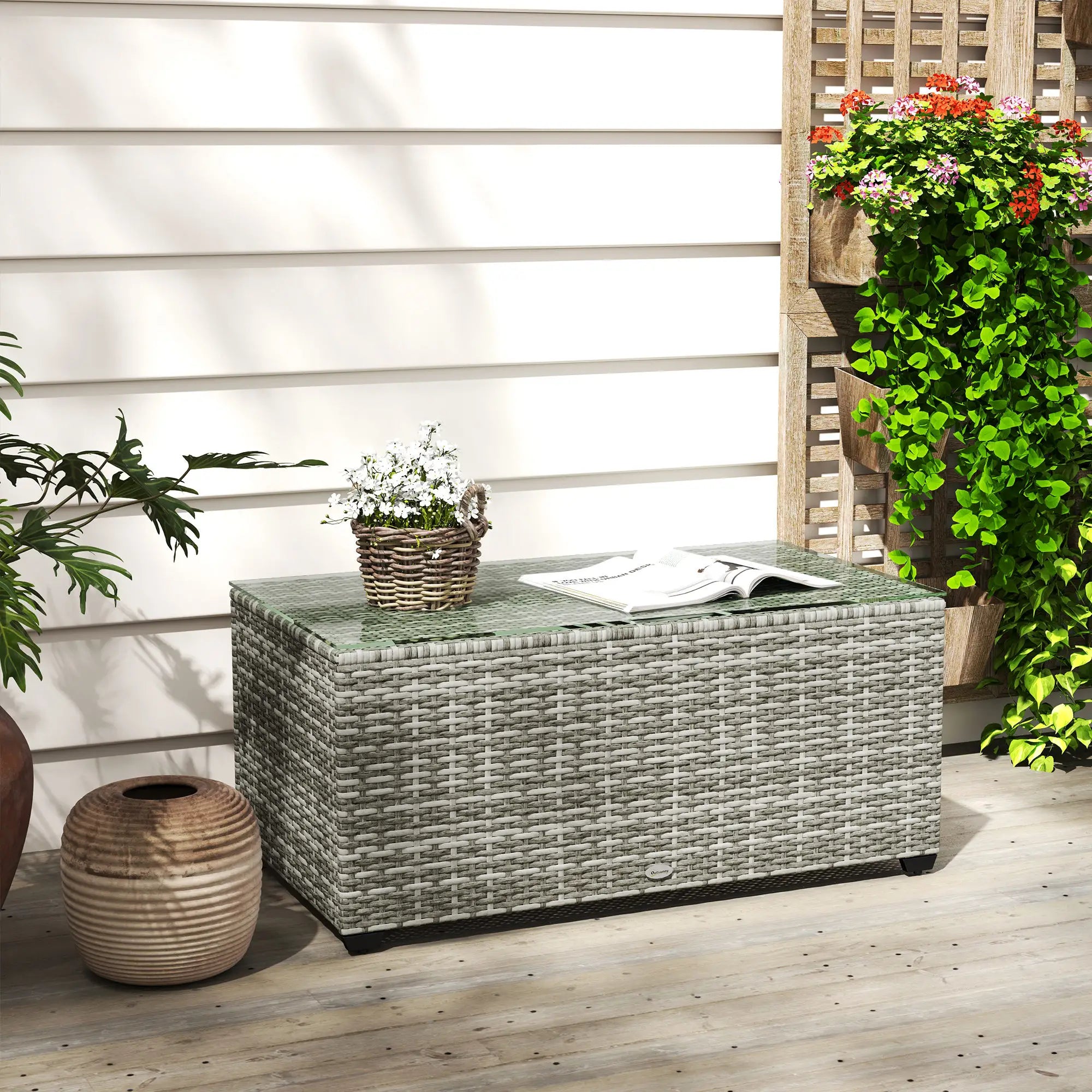 PE Wicker Outdoor Coffee Table, Rectangular Patio Table With Tempered Glass Top, Light Grey Patio Side Tables at Gallery Canada