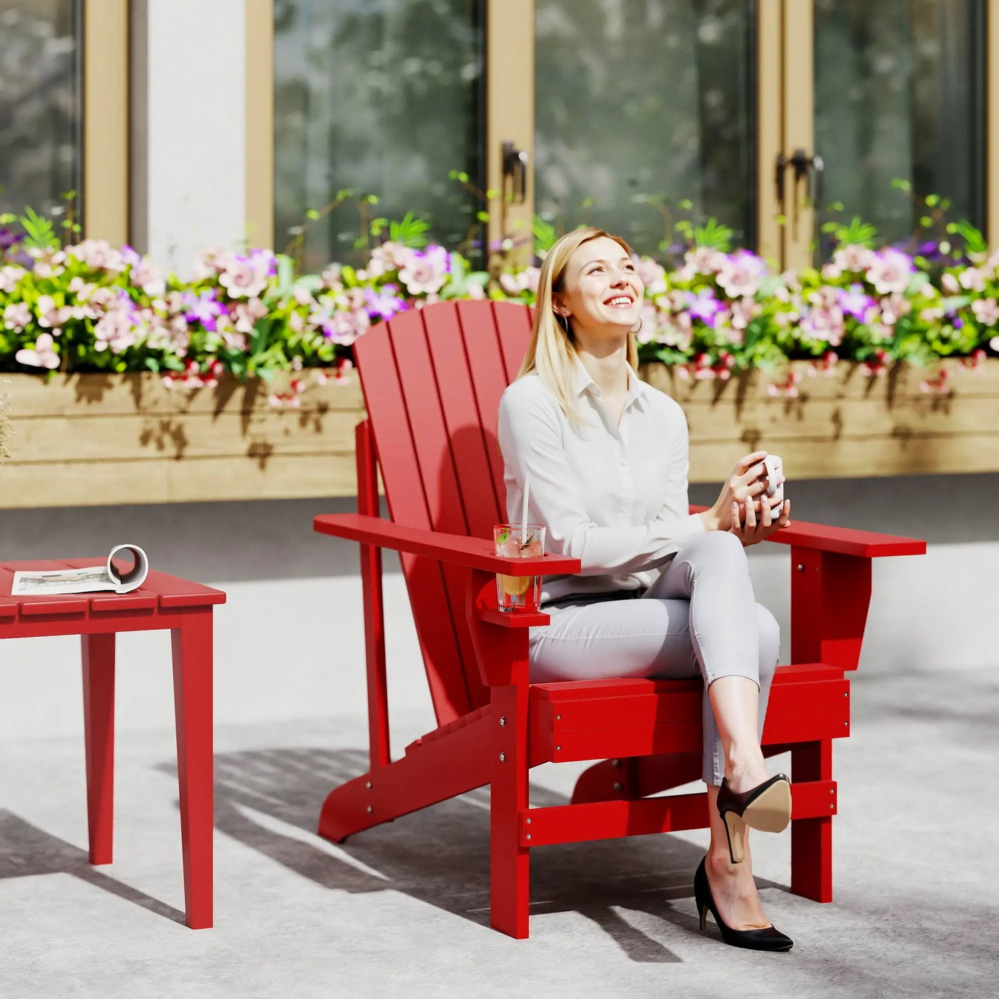 Classic Adirondack Chair, Garden Deck Chair with Cup Holder, Red Patio Chairs at Gallery Canada