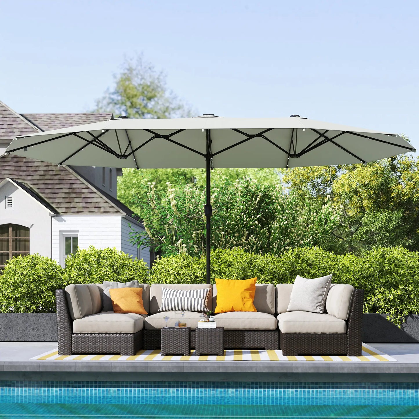 173" Double-Sided Sun Umbrella, Garden Parasol, Solar LED Light, Cream White Double-sided Umbrellas at Gallery Canada