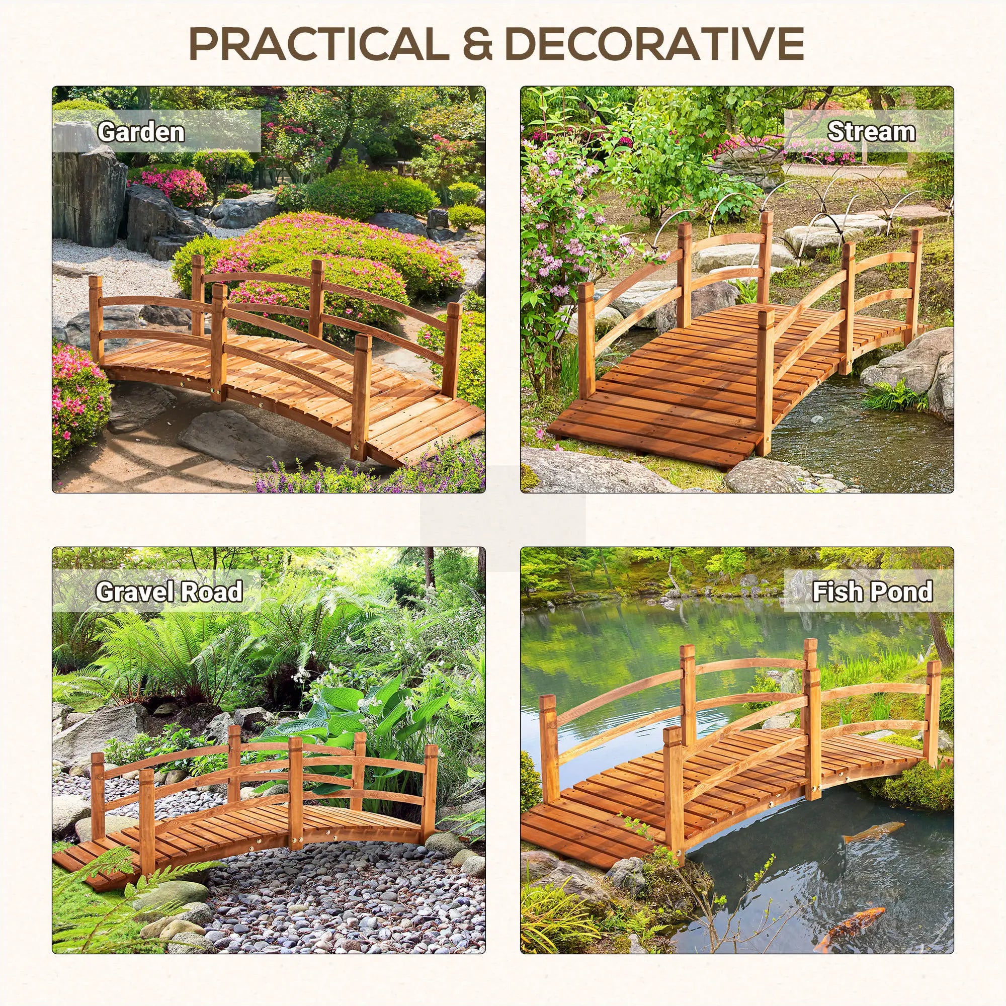 6FT Wooden Garden Bridge, Arc Footbridge with Guardrails, Orange Garden Bridges at Gallery Canada