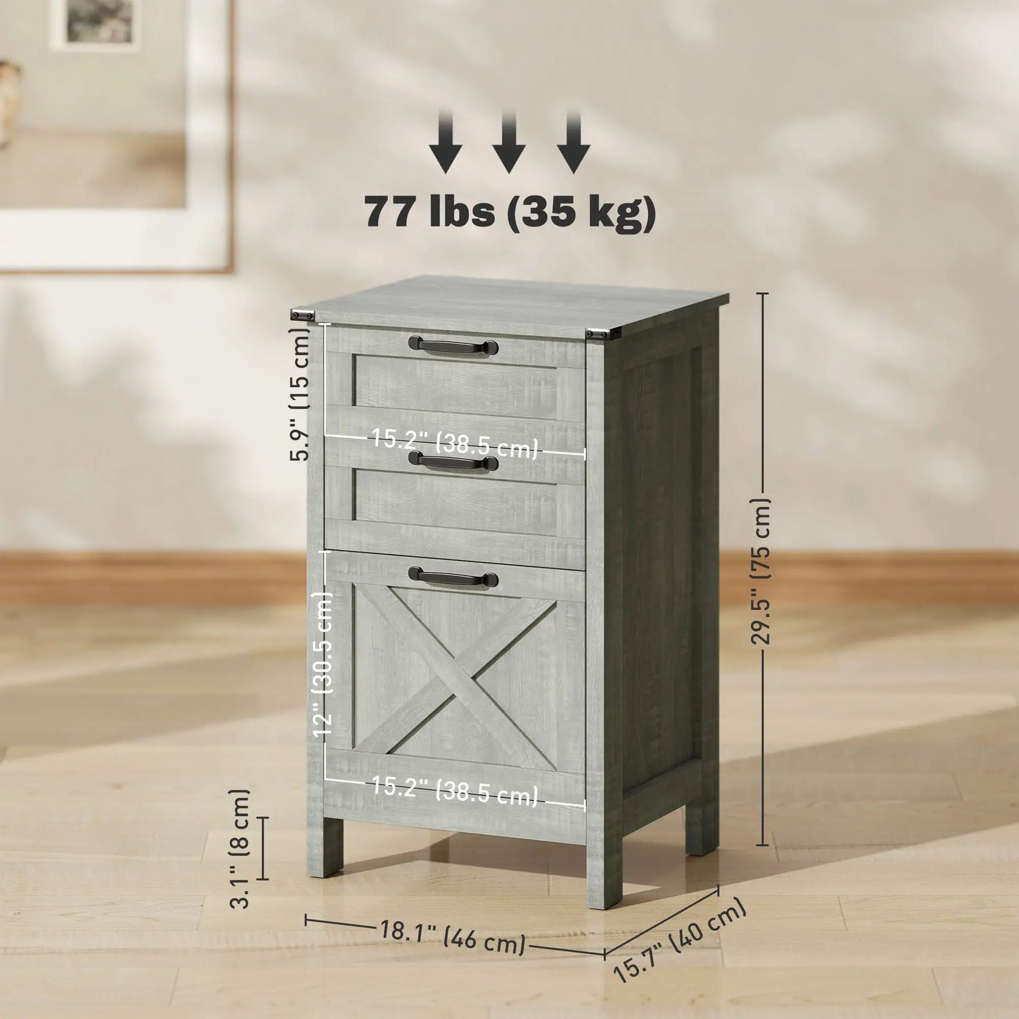 Vertical 3-Drawer Filing Cabinet, Rustic Farmhouse, A4 Letter Size, Stone Grey Office Cabinets & Cupboards at Gallery Canada