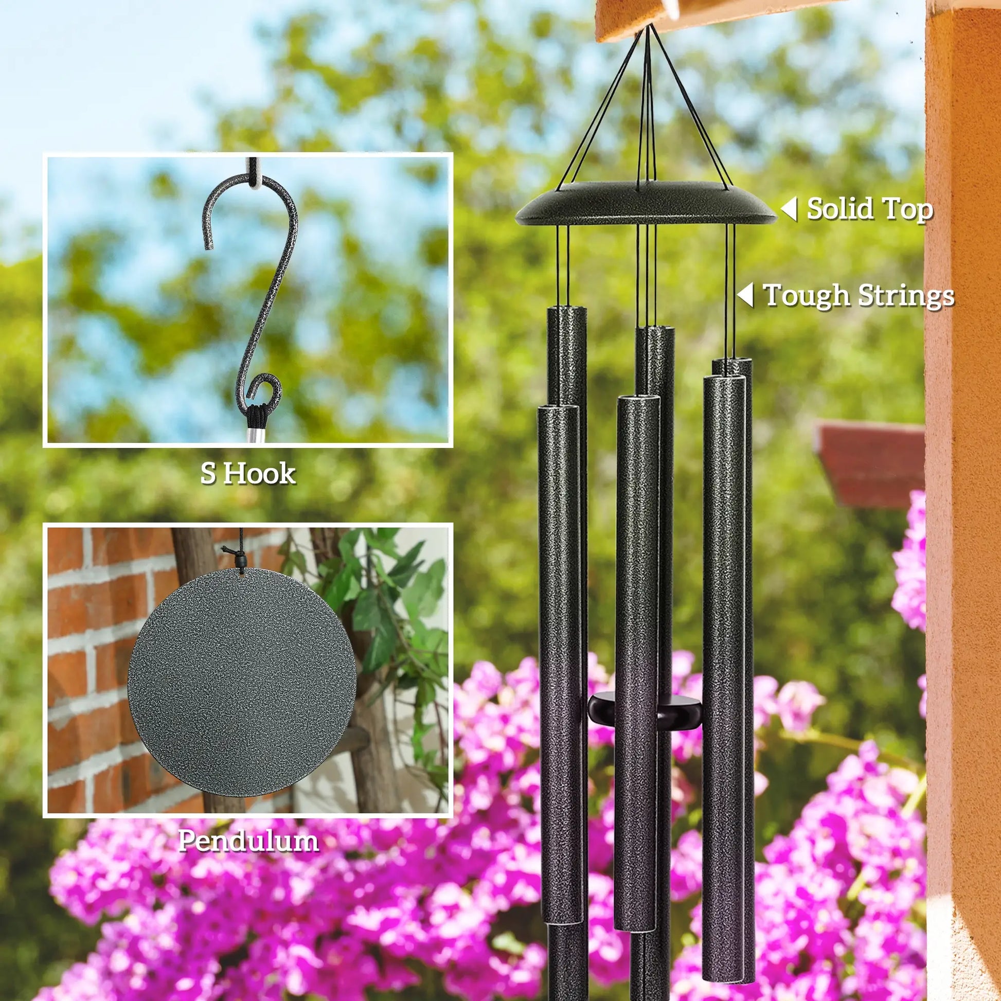 45" Deep Tone Wind Chime, 6 Aluminum Tubes, Outdoor Decor, Dark Grey Garden Decor at Gallery Canada