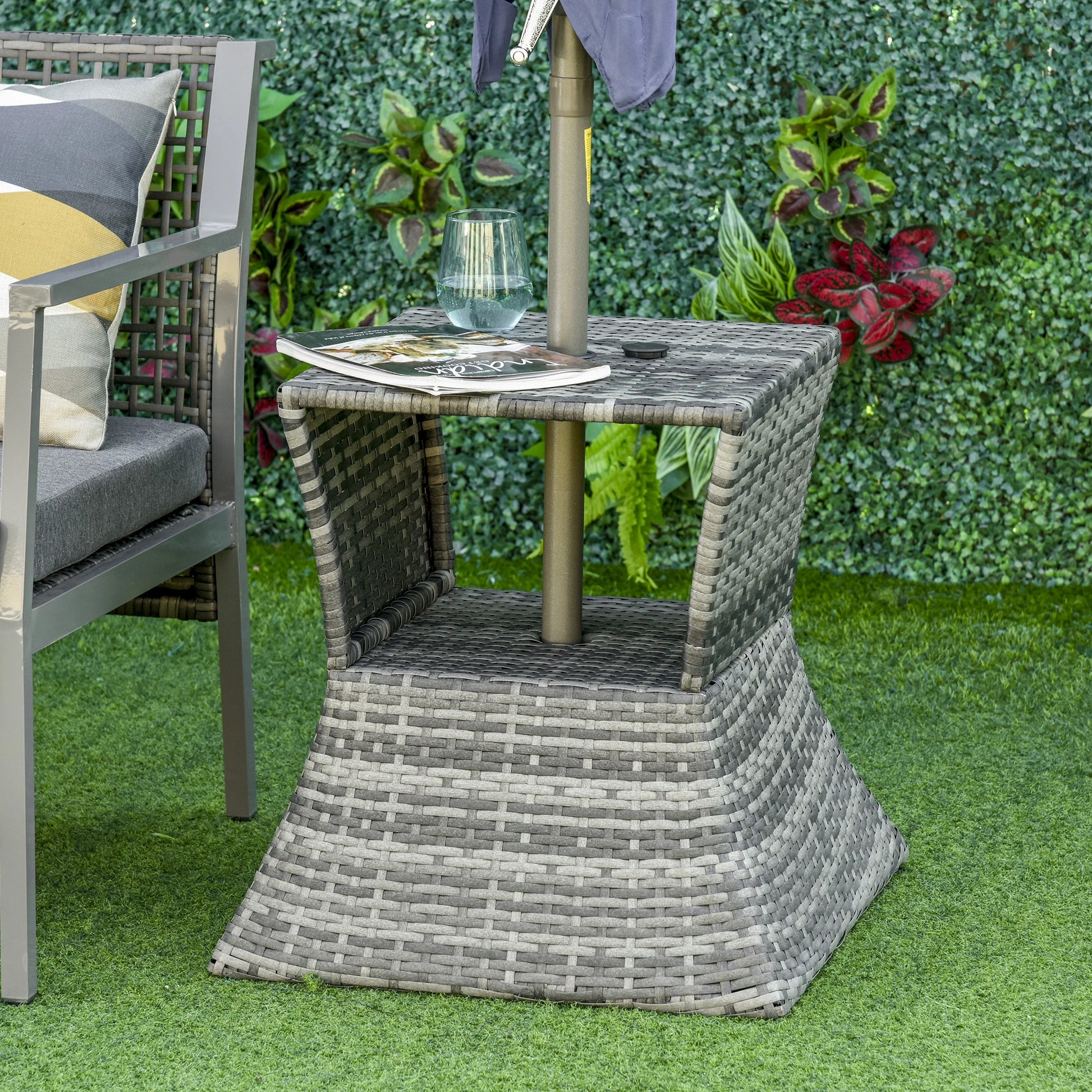 Rattan Wicker Side Table, 21.3" Square, 2-Tier Storage, Patio Garden, Mixed Grey Patio Side Tables at Gallery Canada