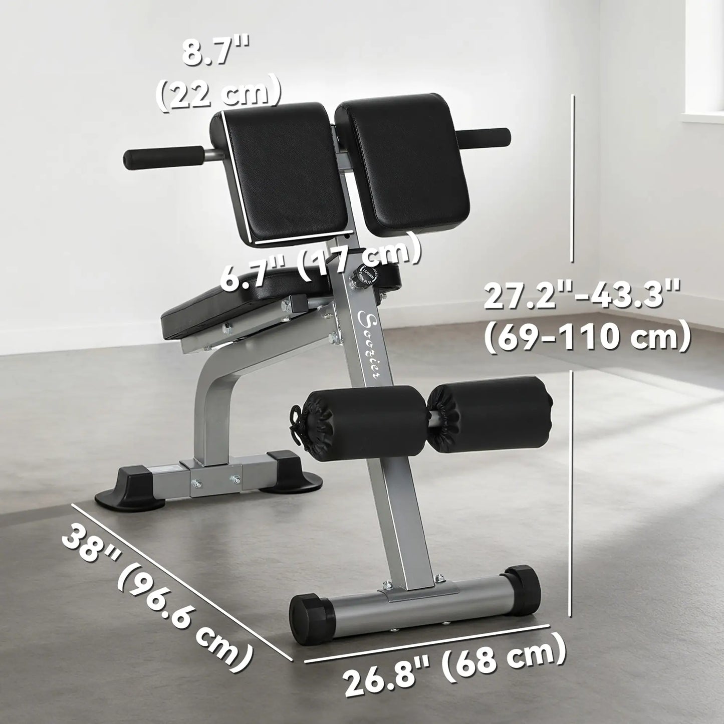 Hyperextension Bench, Height Adjustable, 38" x 26.8" x 27.2-43.3", Silver Tone Strength Training Equipment at Gallery Canada