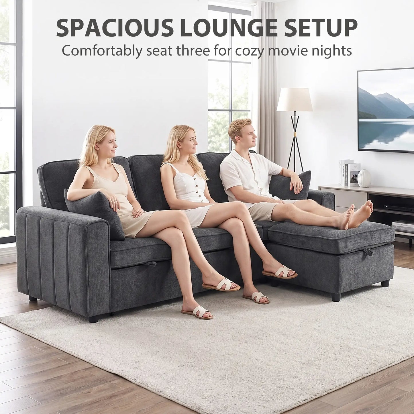 Modular Sectional Sofa Bed With Reversible Ottoman, Dark Grey