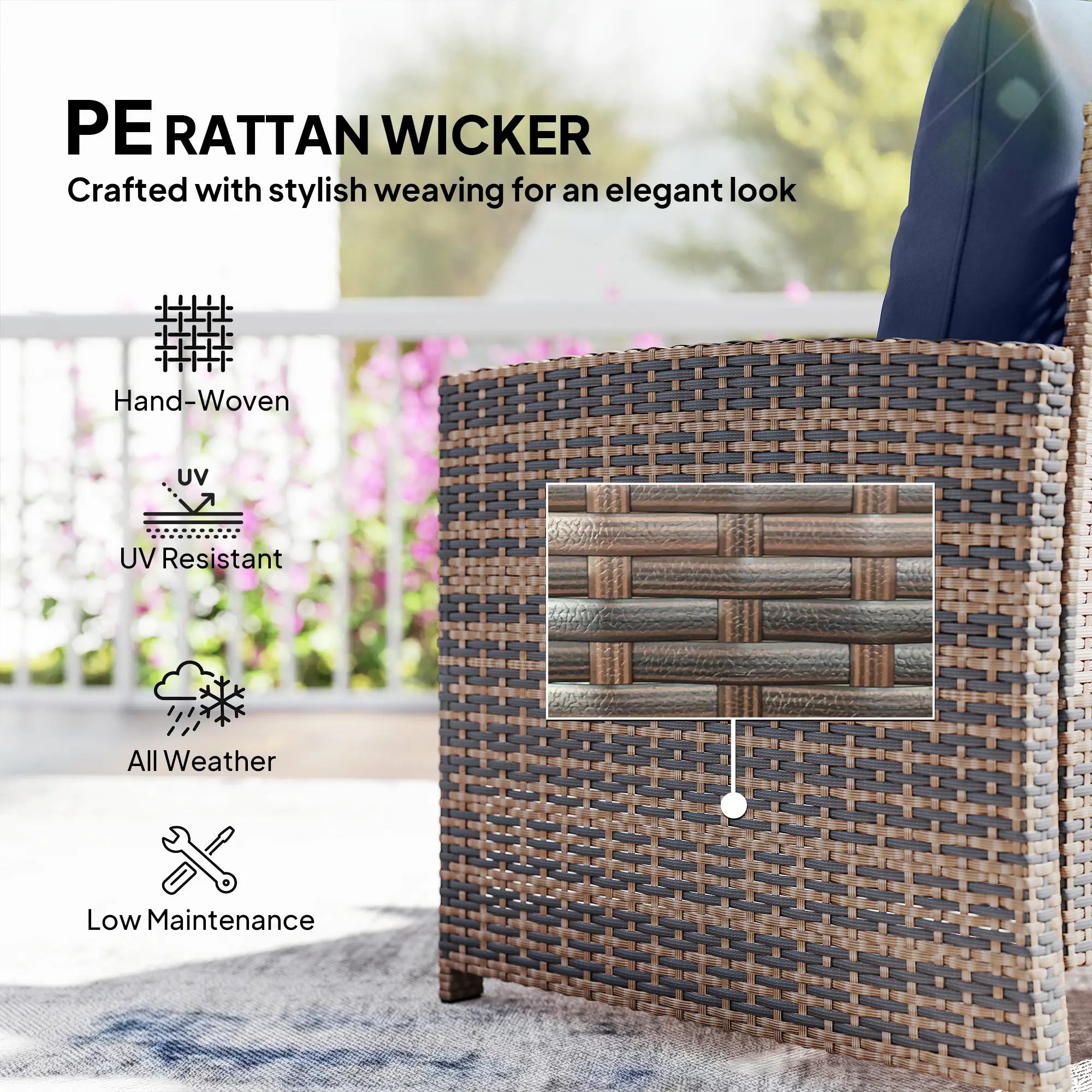 5 Piece Patio Set, Wicker Chairs With Ottomans, Glass Coffee Table, Brown/Dark Blue Patio Furniture Sets at Gallery Canada