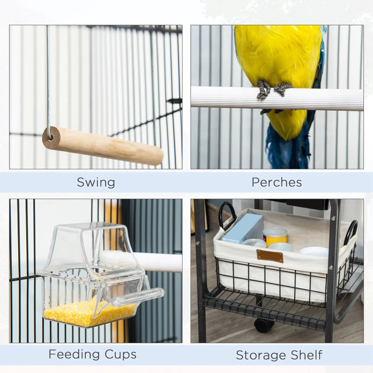 44.5"H Metal Bird Cage, Parrot Play Stand, Wheel, Storage Shelf, Black Bird Cages at Gallery Canada