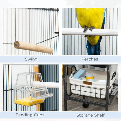 44.5"H Metal Bird Cage, Parrot Play Stand, Wheel, Storage Shelf, Black Bird Cages at Gallery Canada