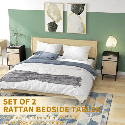 Boho Bedside Tables Set of 2, Nightstands with Drawer, Rattan Cabinet, Black Bedside Tables at Gallery Canada