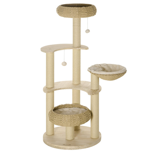 57" Cat Tree, Kitty Activity Centre, Wooden Cat Climbing Toy, Cat Tower with Cat Bed Washable Cushions Hanging Ball Toys Paper Rope Scratching Post, Natural - Gallery Canada
