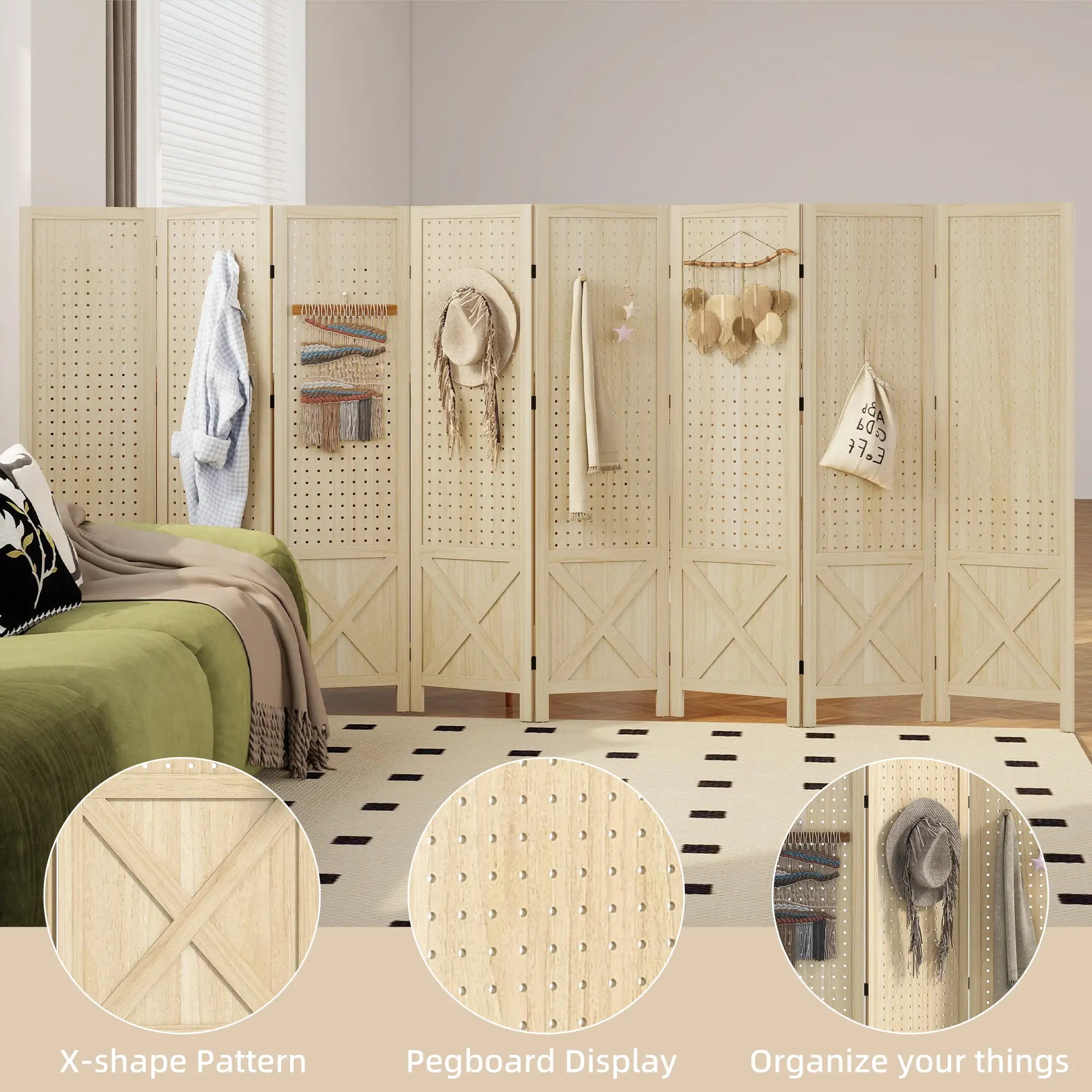 Wooden Room Divider With Pegboard Display, 8 Panel Folding Privacy Screen, Natural Wood Room Dividers at Gallery Canada
