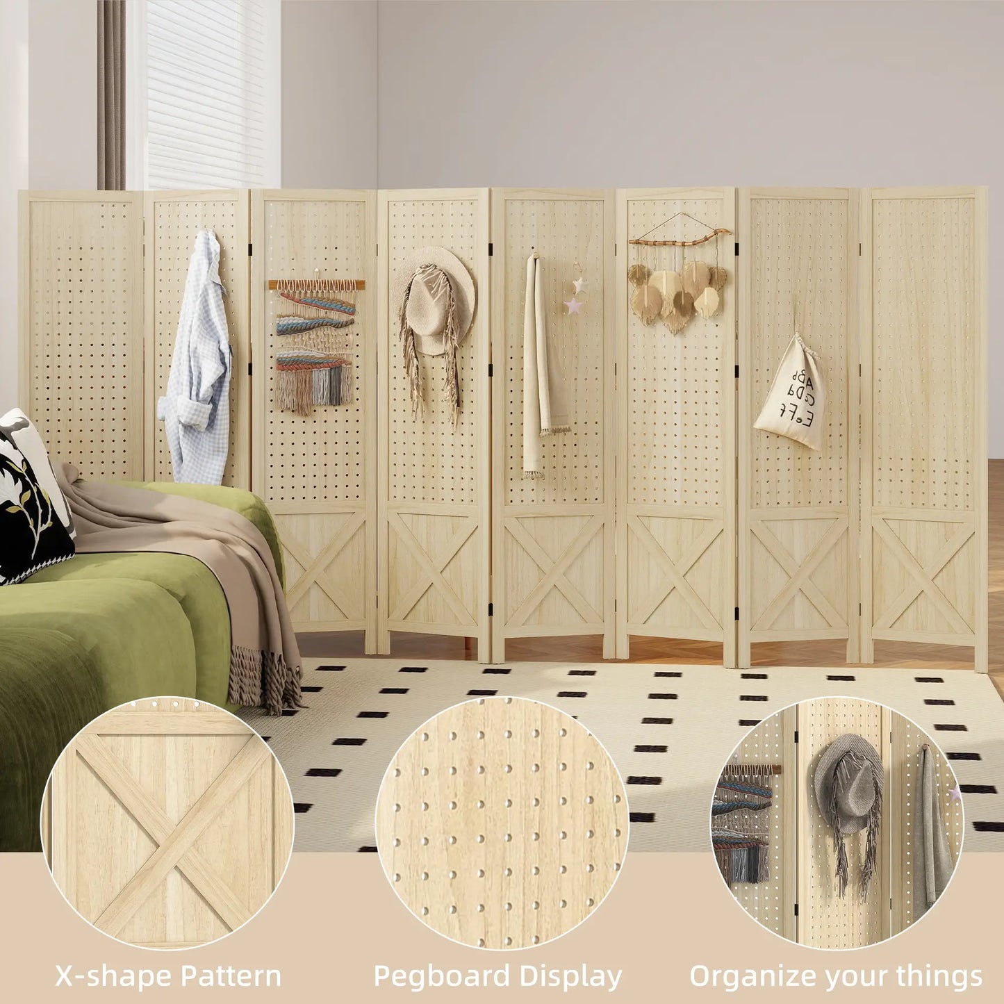 Wooden Room Divider With Pegboard Display, 8 Panel Folding Privacy Screen, Natural Wood Room Dividers at Gallery Canada