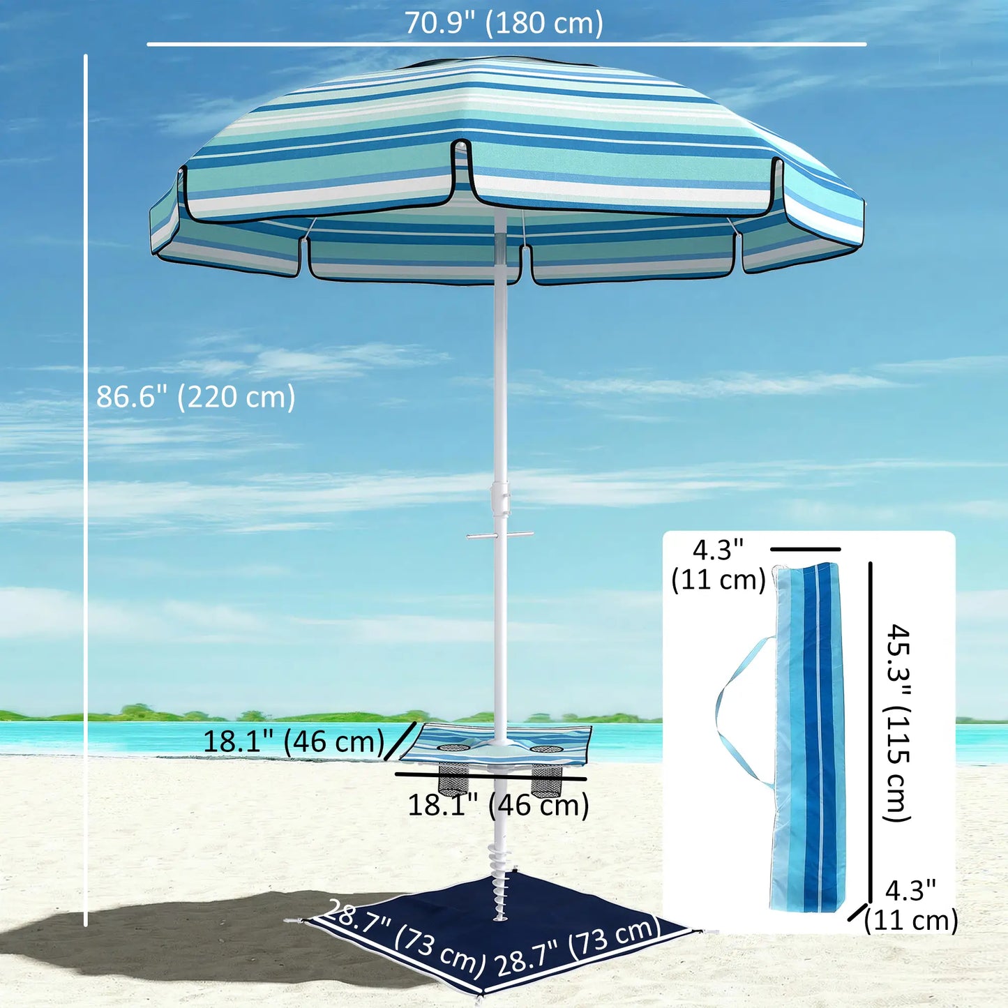 6 ft Portable Beach Umbrella With Foldable Table, Tilting Sun Shade, Dark Blue