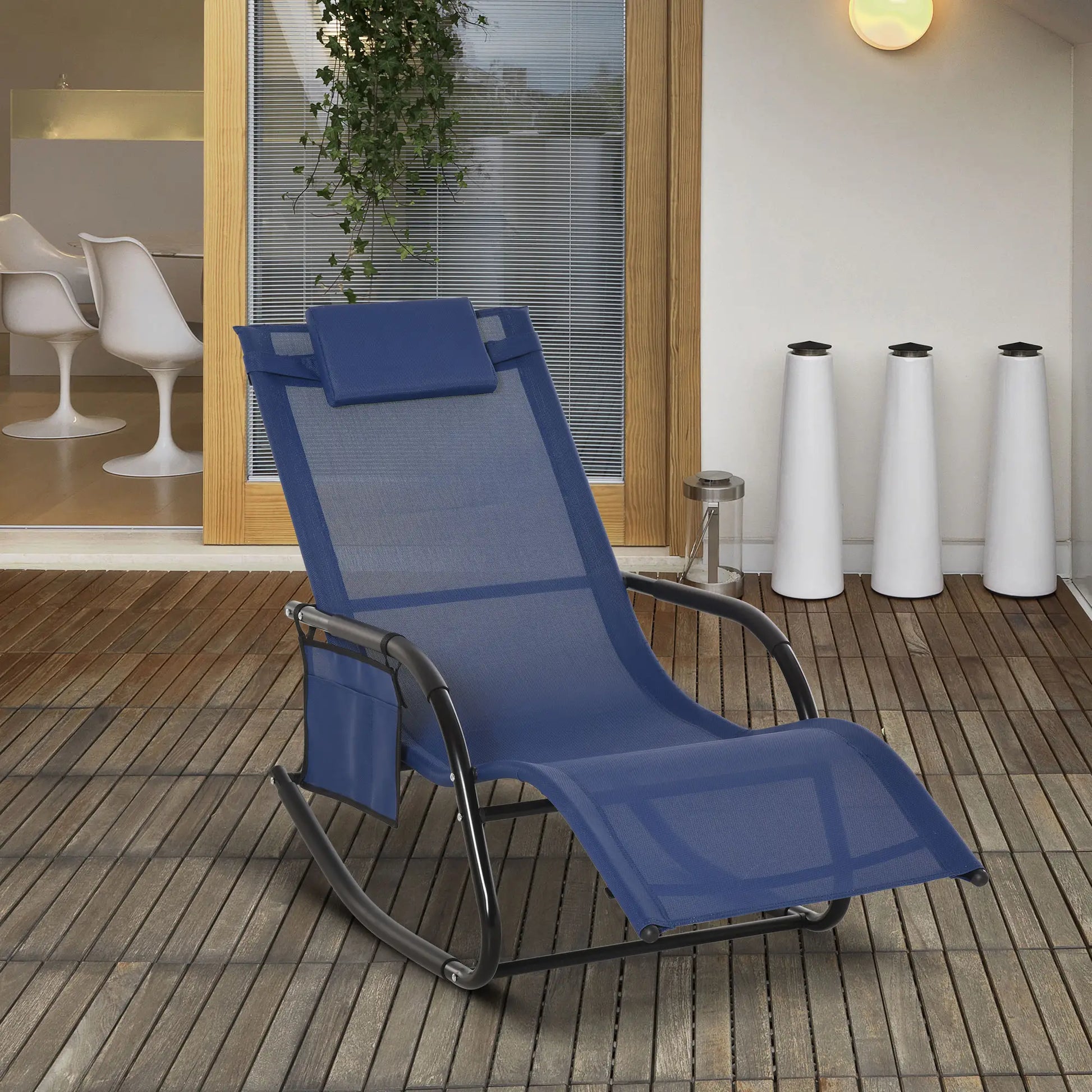 Outdoor Rocking Chair, Mesh Fabric, Removable Headrest, Side Pocket, Blue Outdoor Rocking Chairs at Gallery Canada