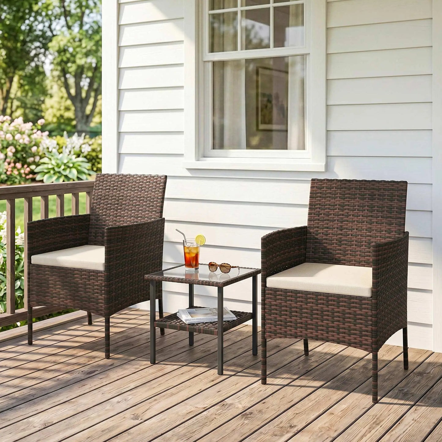 3 Piece Wicker Bistro Set, 2-Tier Glass Top Table, Khaki Bistro Sets at Gallery Canada