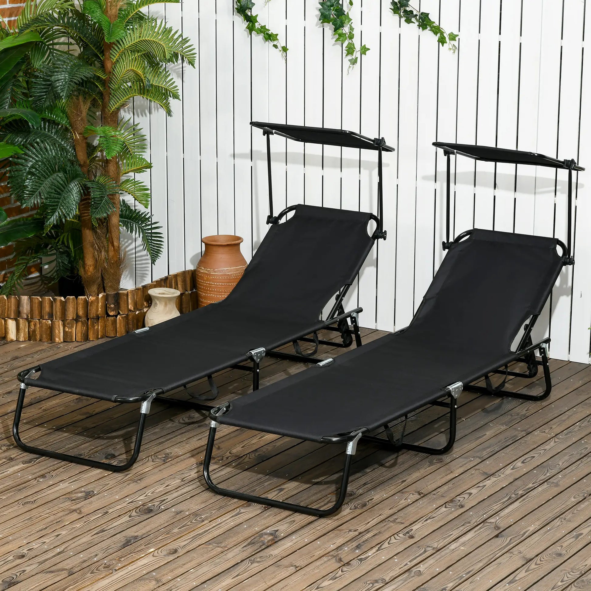 2 Piece Folding Chaise Lounges, Reclining Back, Sunshade, Black Lounger Chairs at Gallery Canada