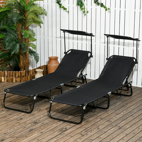 2 Piece Folding Chaise Lounges, Reclining Back, Sunshade, Black