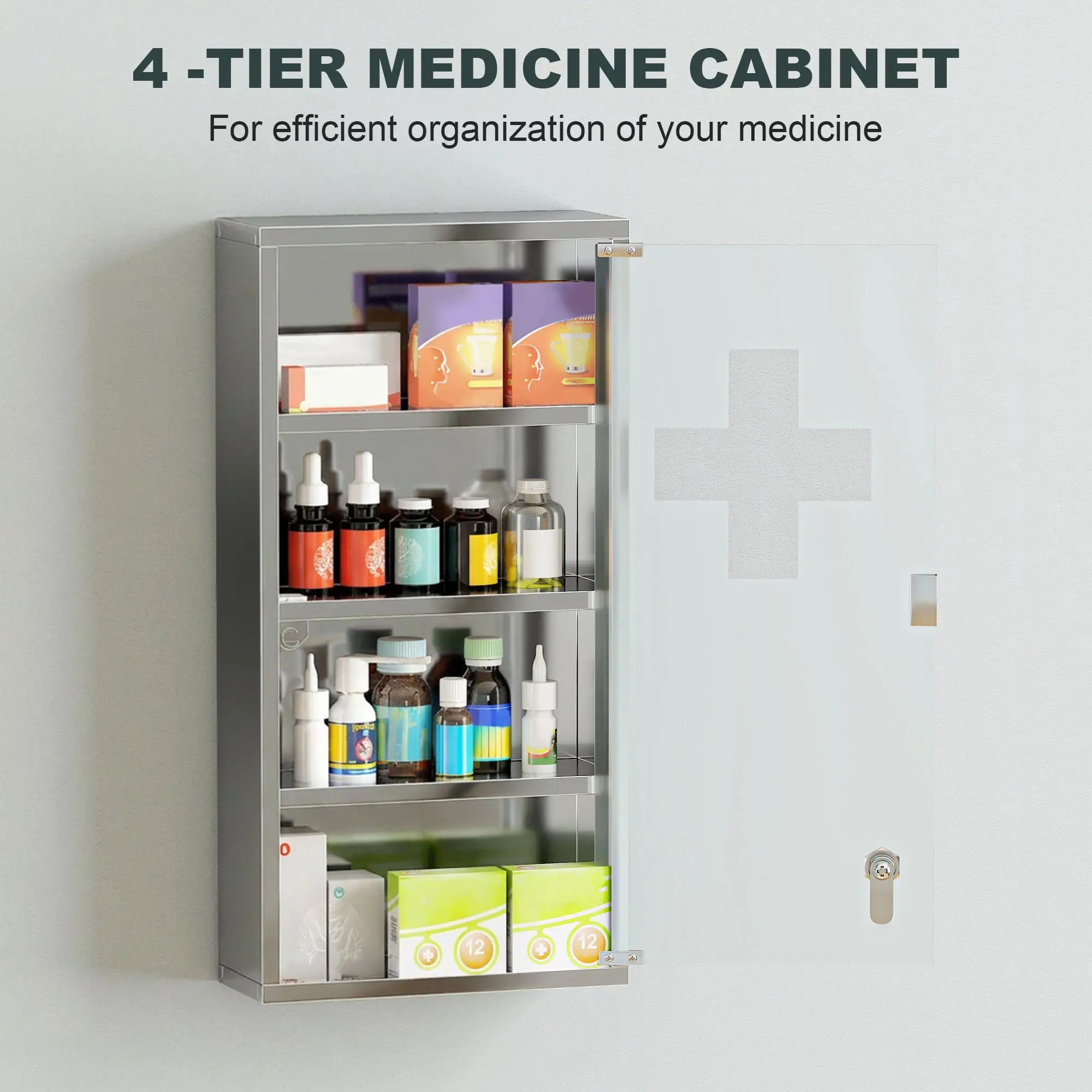 Wall Mount Medicine Cabinet, 4 Tier Shelves, Stainless Steel Frame, Glass Door, Lockable, 12