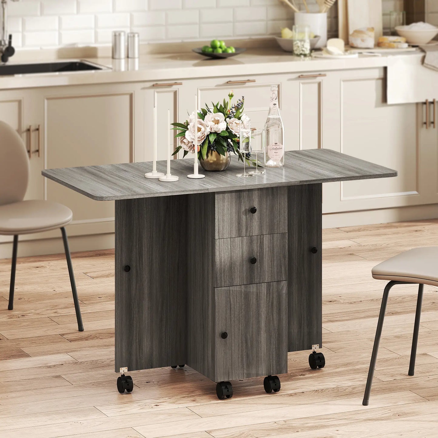 Foldable Dining Table, Rolling Kitchen Table with Storage, Grey Bar Tables & Dining Tables at Gallery Canada