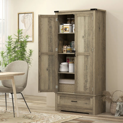 69" Tall Farmhouse Kitchen Pantry, 2 Doors, Drawer, Adjustable Shelves, Grey