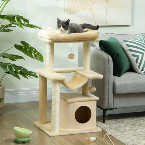 39.25'' Cat Tree Tower, Multi-Level Kitten House, Scratching Post, Hammock Bed, Beige