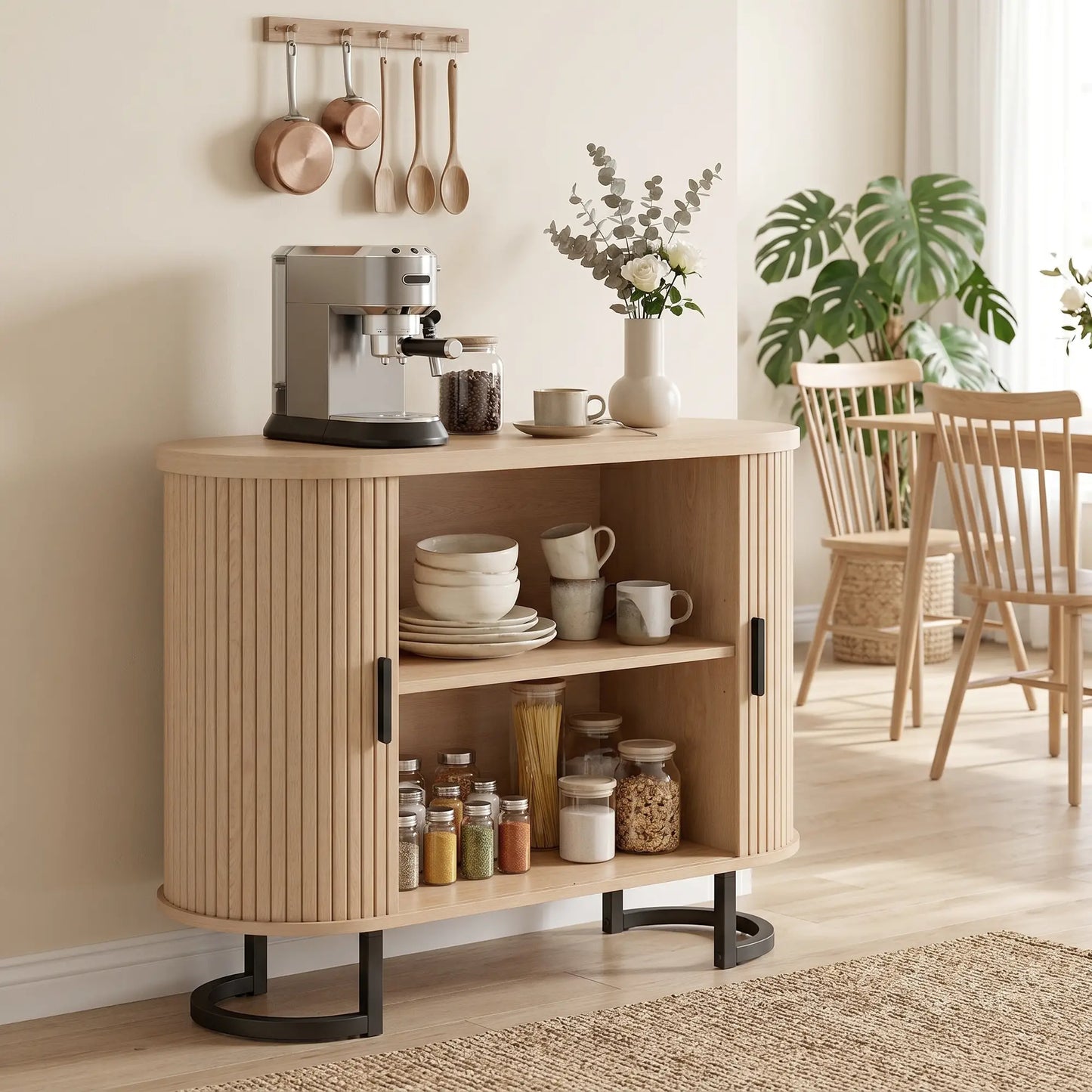 Sideboard Buffet Cabinet, Curved Tambour Doors, Natural Wood