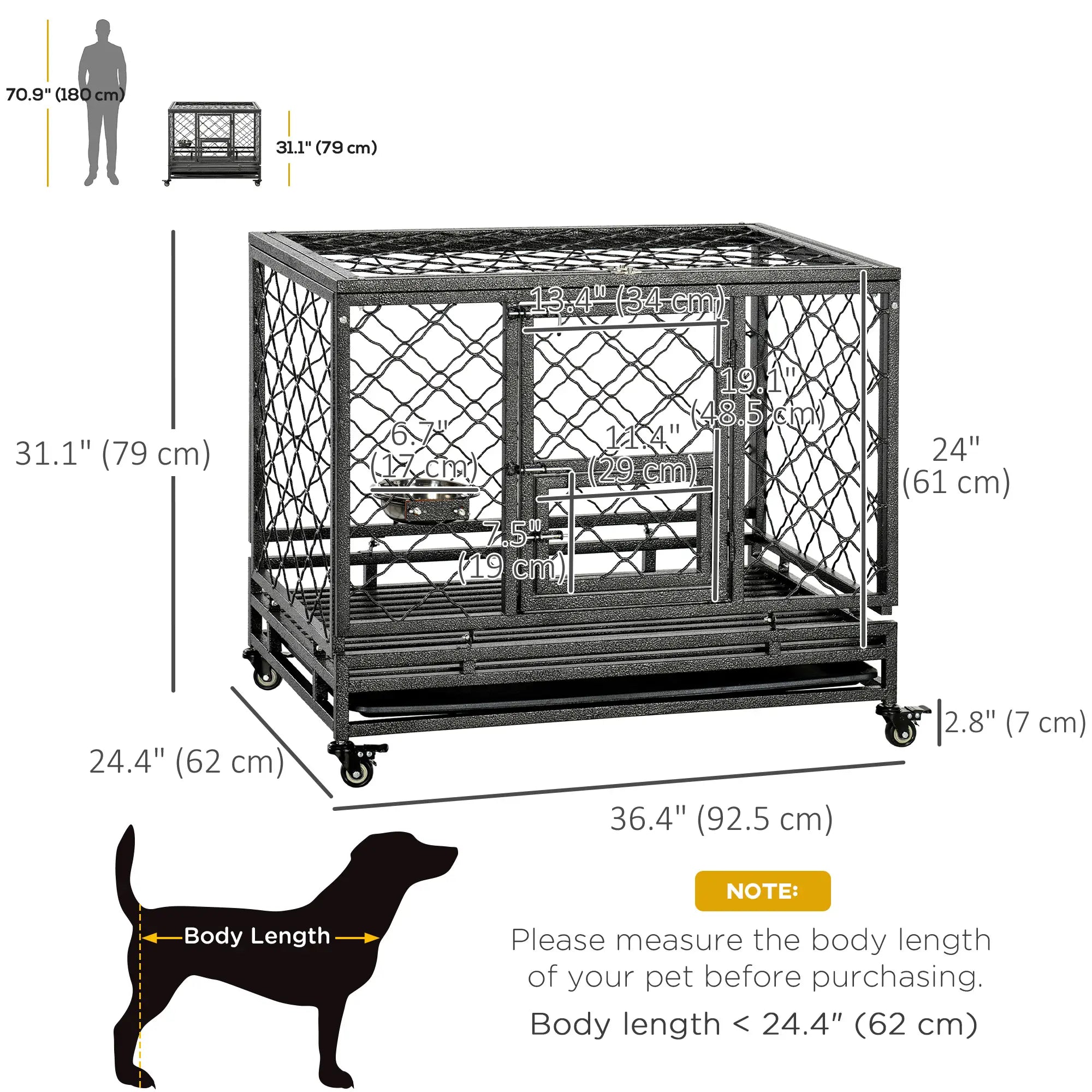 Heavy Duty Dog Crate With Wheels, Openable Top, Removable Tray, 36.4
