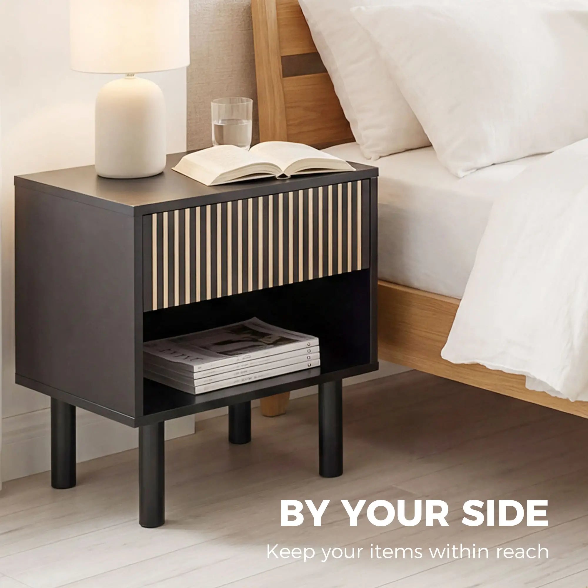 Modern Bedside Table with Drawer and Open Shelf, Sofa Side Table for Bedroom Living Room, Set of 2, Black Bedside Tables at Gallery Canada