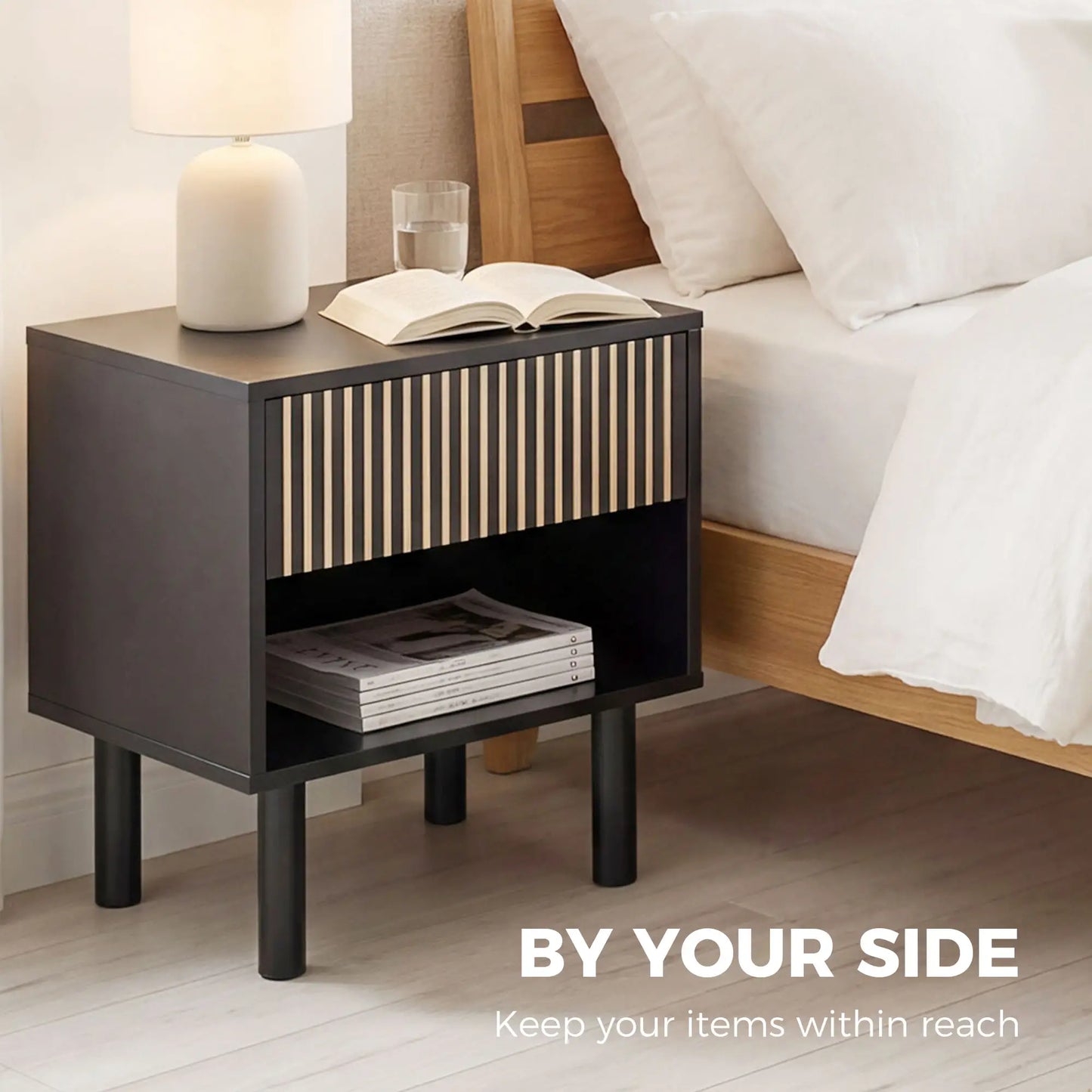Modern Bedside Table with Drawer and Open Shelf, Sofa Side Table for Bedroom Living Room, Set of 2, Black Bedside Tables at Gallery Canada