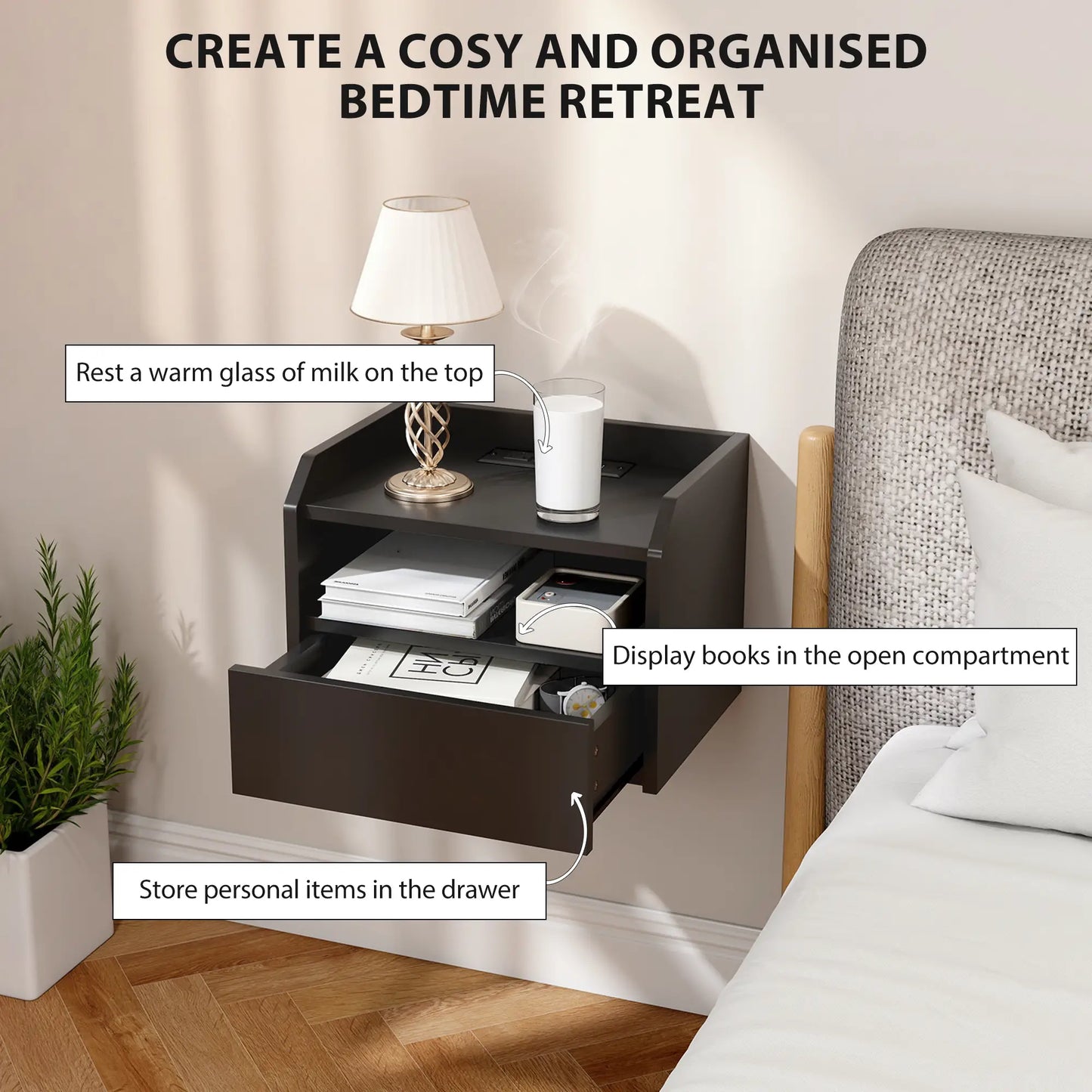 Wall Mounted Bedside Table, Set of 2 with Charging Station, Black Bedside Tables at Gallery Canada