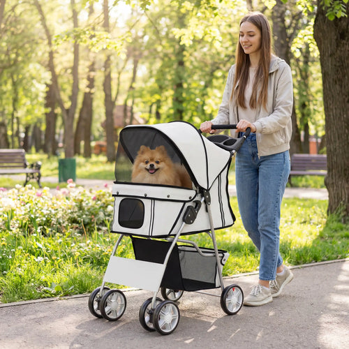 Foldable Pet Stroller, With Wheels, Reflective Strips, Brake, Pad, Basket, Grey