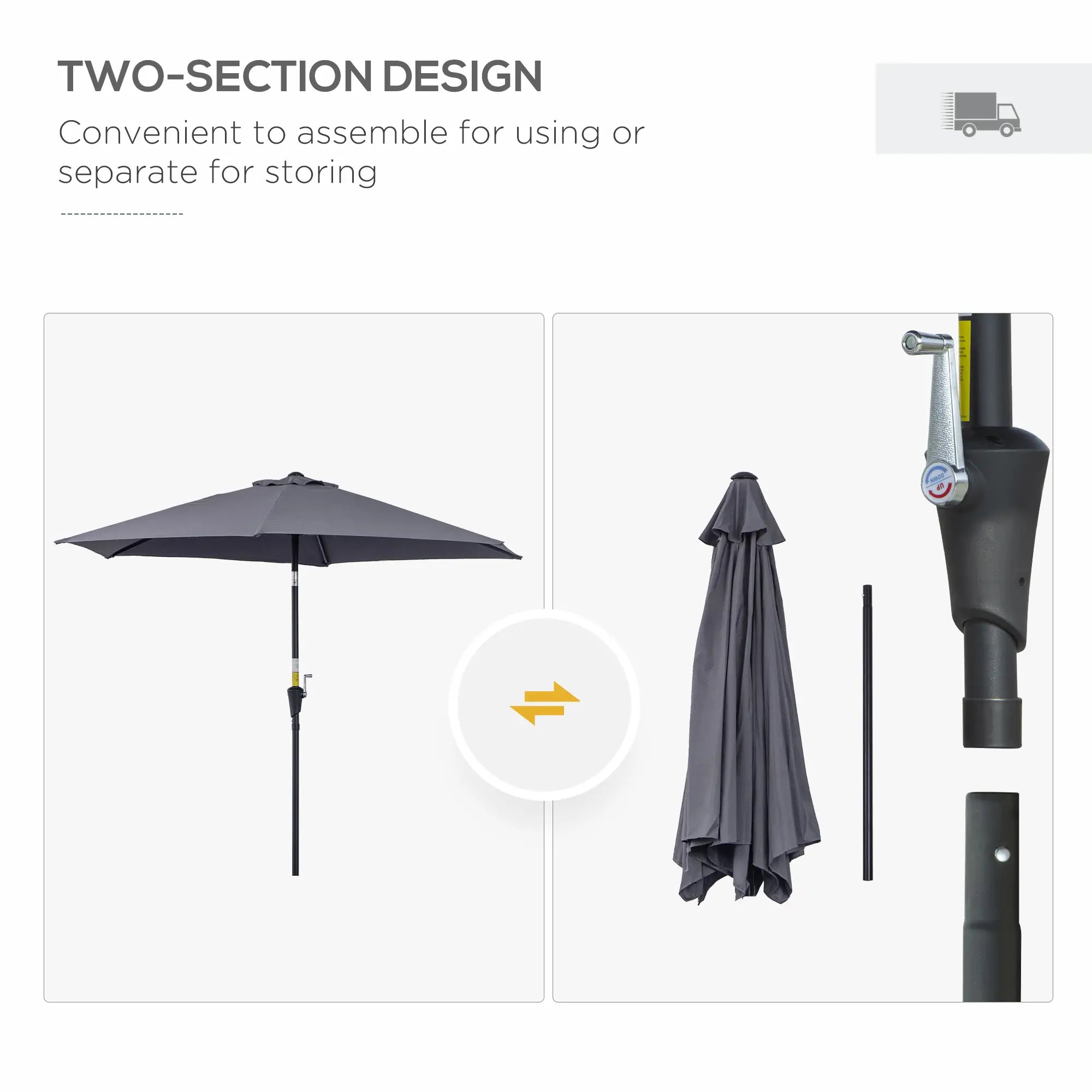 8.5FT Round Patio Umbrella, 6 Ribs, Tilt Canopy with Crank Handle, Grey Sun Umbrellas at Gallery Canada