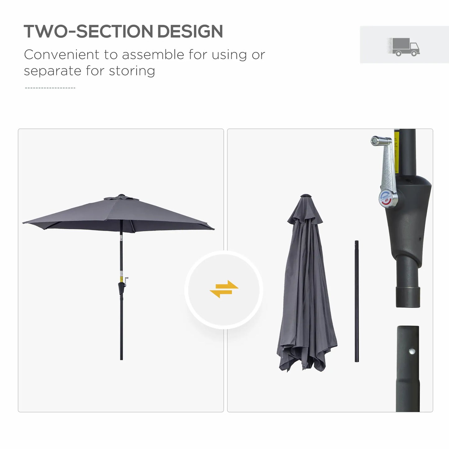 8.5FT Round Patio Umbrella, 6 Ribs, Tilt Canopy with Crank Handle, Grey Sun Umbrellas at Gallery Canada
