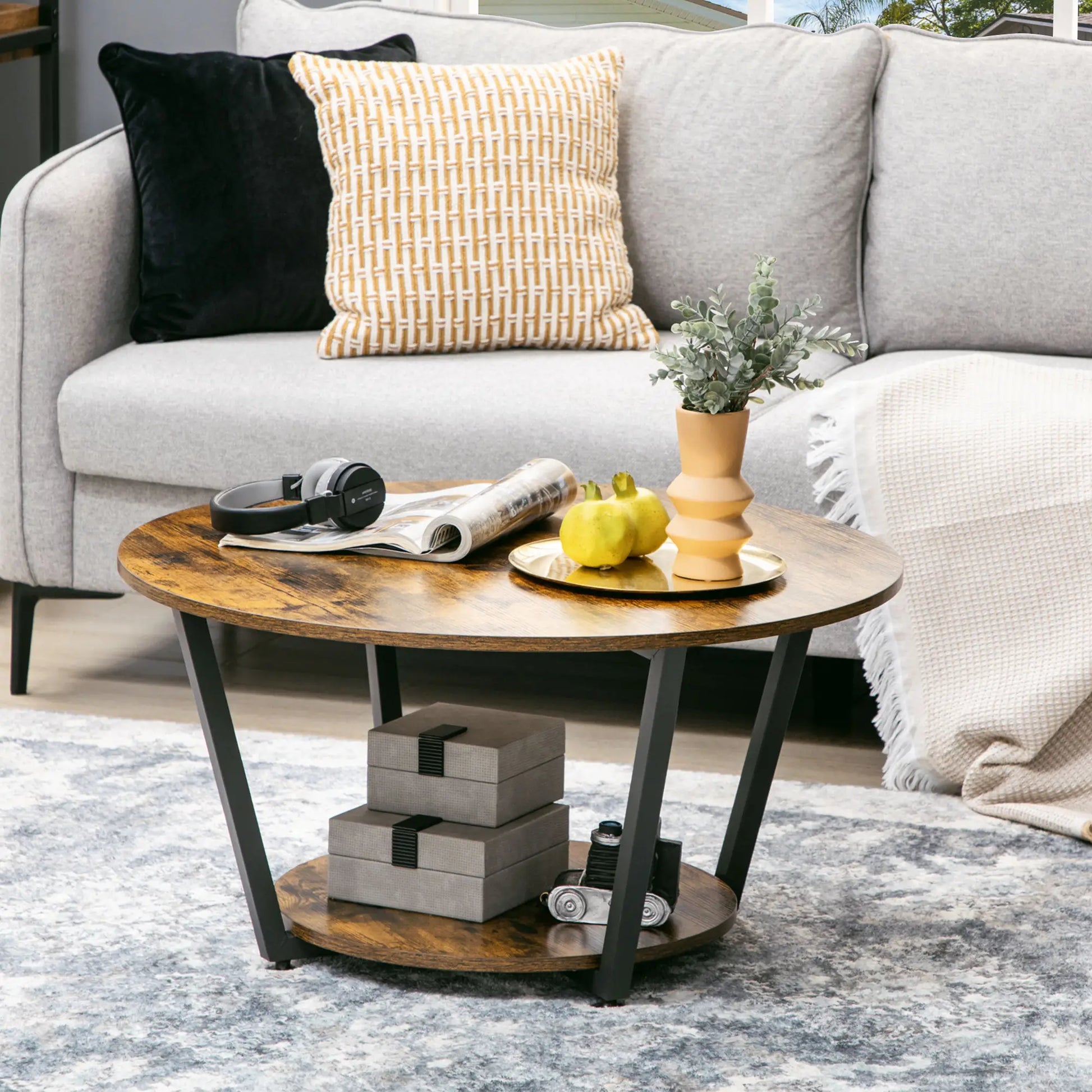 2-Tier Round Coffee Table, Storage Shelf, Steel Frame, Rustic Brown, Brown Coffee Tables at Gallery Canada
