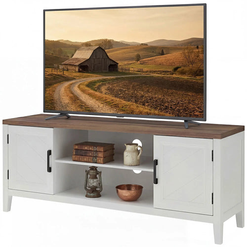 TV Stand for 55 Inch TV, Entertainment Center with Shelves, White and Brown