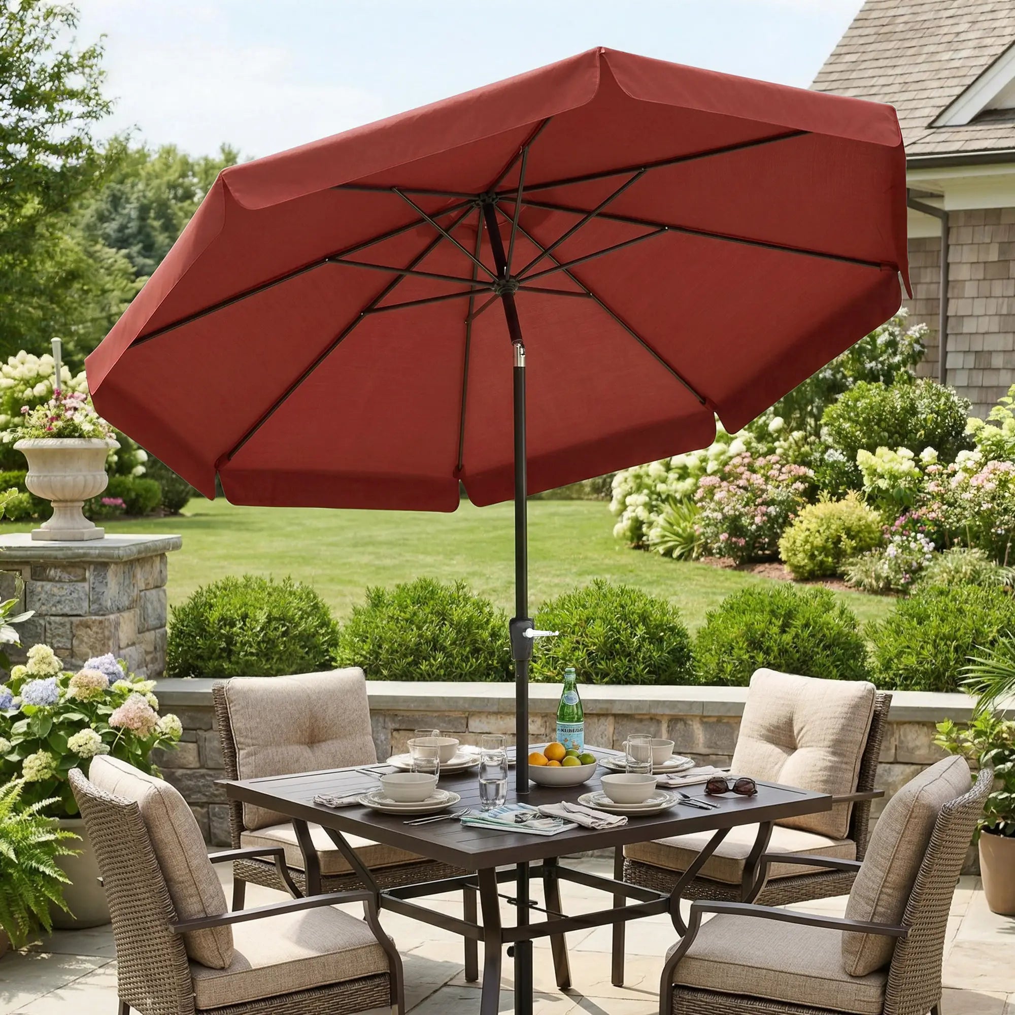 8.5 ft Round Patio Umbrella, Tilt and Crank, Wine Red Sun Umbrellas at Gallery Canada