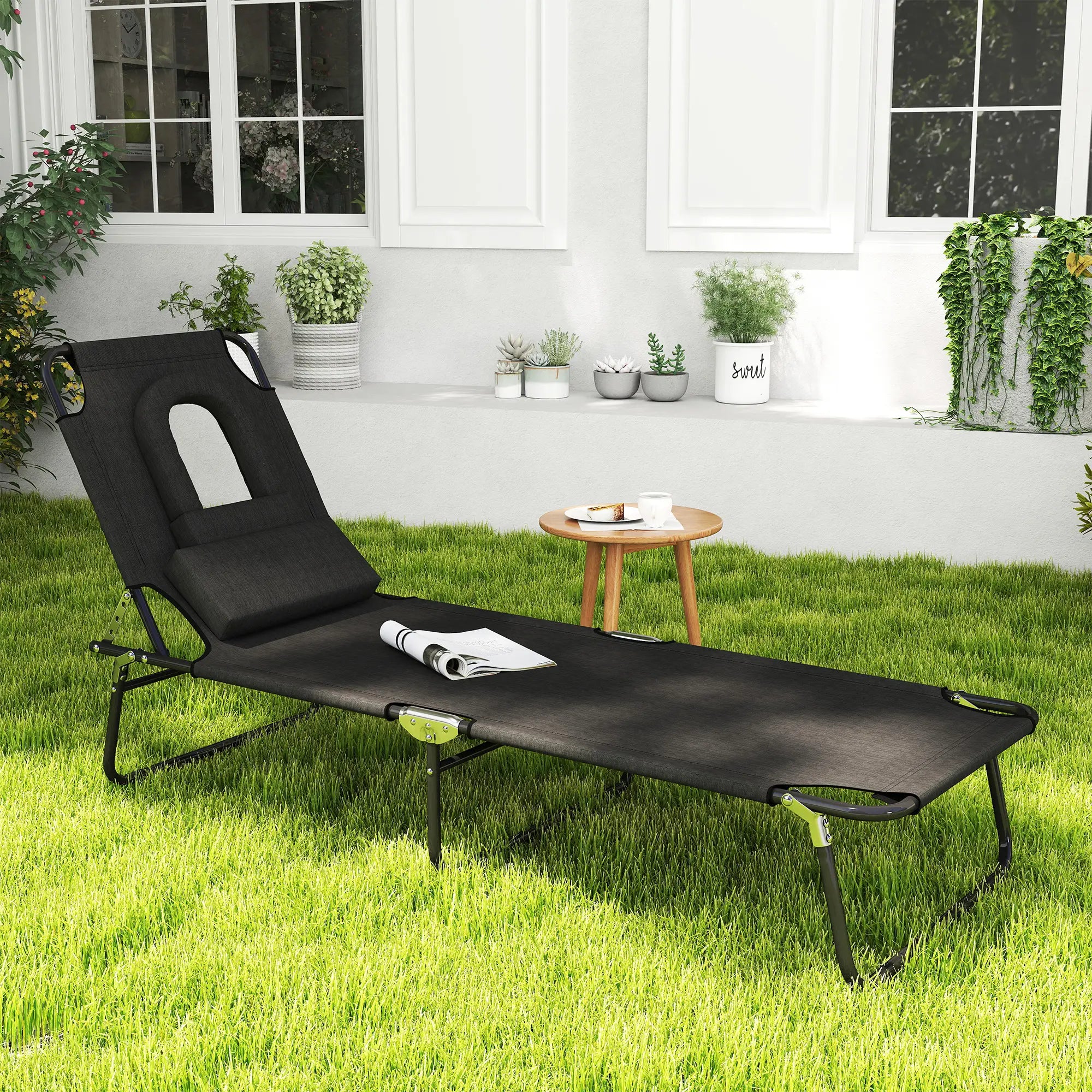 Adjustable Outdoor Lounge Chair, Folding Chaise with Face Hole, Black Lounger Chairs at Gallery Canada