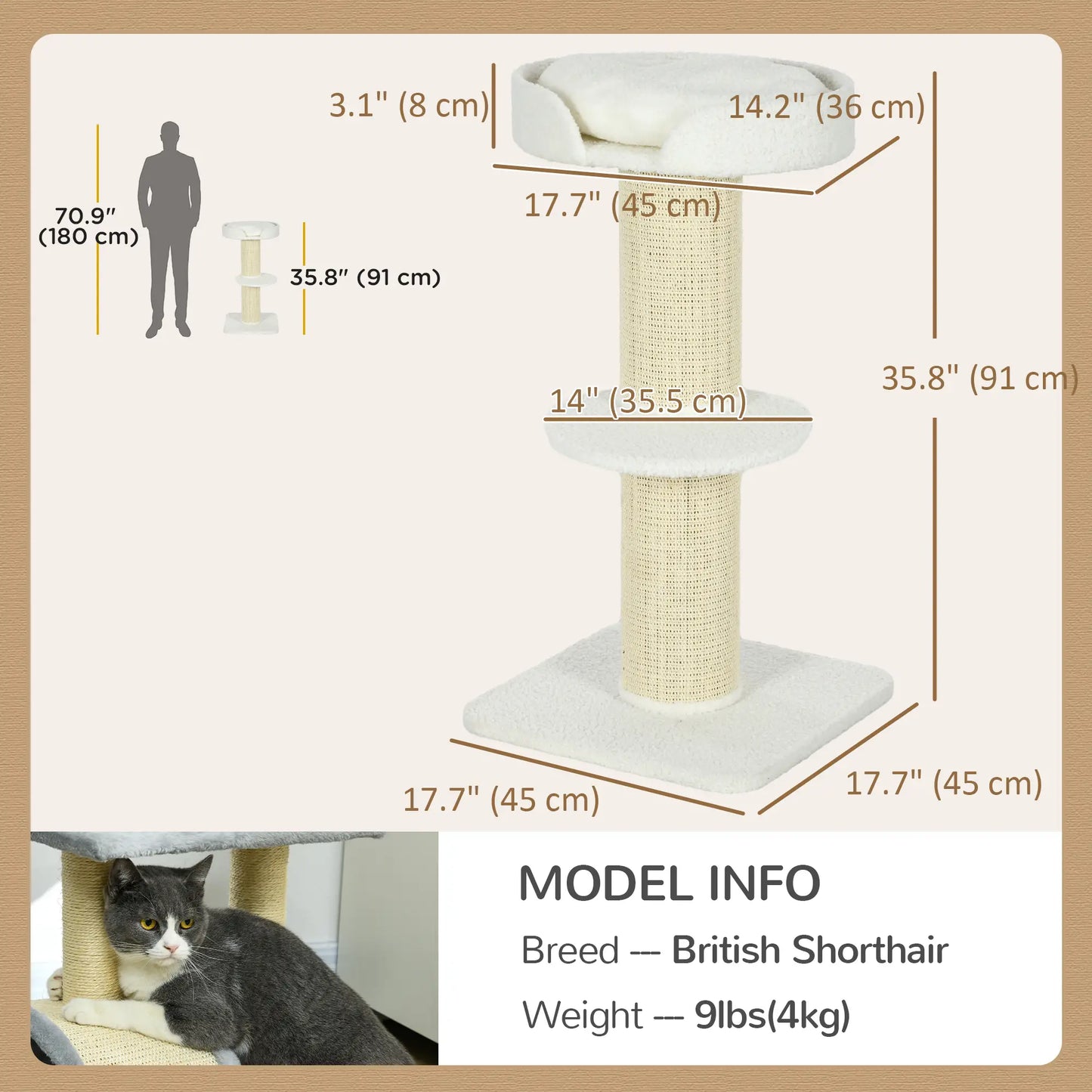 Cat Tree with Scratching Post, Bed, Cushion, Perch, 18" x 18" x 36", Cream White Cat Towers at Gallery Canada