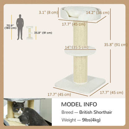 Cat Tree with Scratching Post, Bed, Cushion, Perch, 18" x 18" x 36", Cream White Cat Towers at Gallery Canada