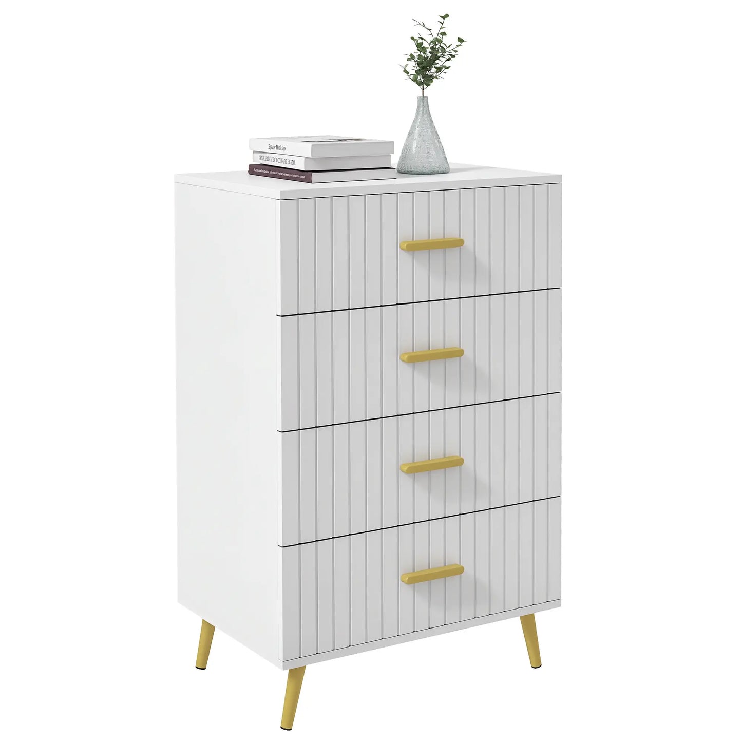 4 Drawer Cabinet, Bedroom Chest of Drawers, Aluminium Legs, Gold Handles, White Storage Cabinets at Gallery Canada