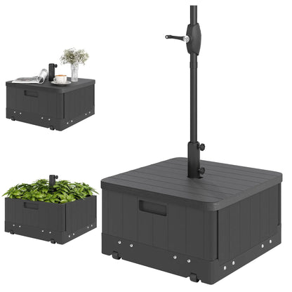 3-in-1 Outdoor Umbrella Base with Wheels, Side Table, Planter Box, 175lbs, Black Umbrella Bases Black at Gallery Canada
