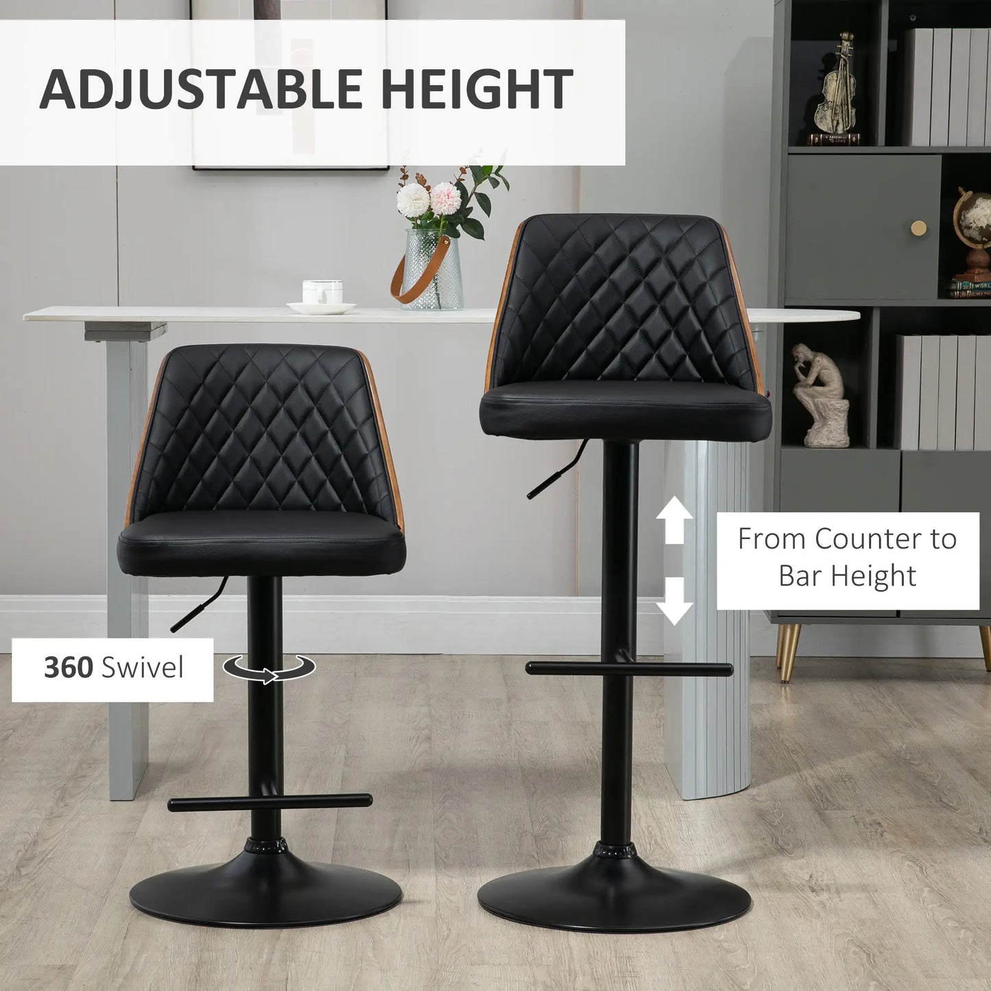 Modern PU Leather Bar Stools, Set of 2, Swivel, Adjustable Height, Black Bar Stools at Gallery Canada